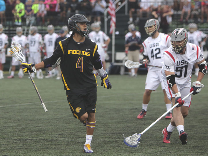 Lyle Thompson leading the Iroquois National team at 2018 Lacrosse World