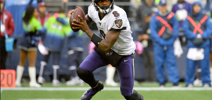 Lamar Jackson scrambling to his right against the Seattle Seahawks