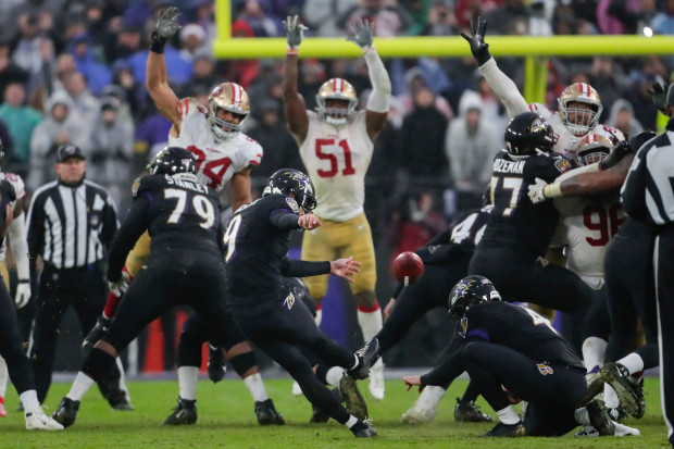 Baltimore Ravens kicker Justin Tucker (9) kicks the game winning field goal against the San Francisco 49ers in the second half of an NFL football game, Sunday, Dec. 1, 2019, in Baltimore, Md. Ravens won 20-17. (AP Photo/Julio Cortez)