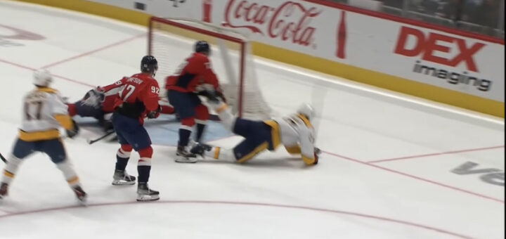 Nashville's Ryan McDonagh scores the winning goal in NHL action against the Washington Capitals