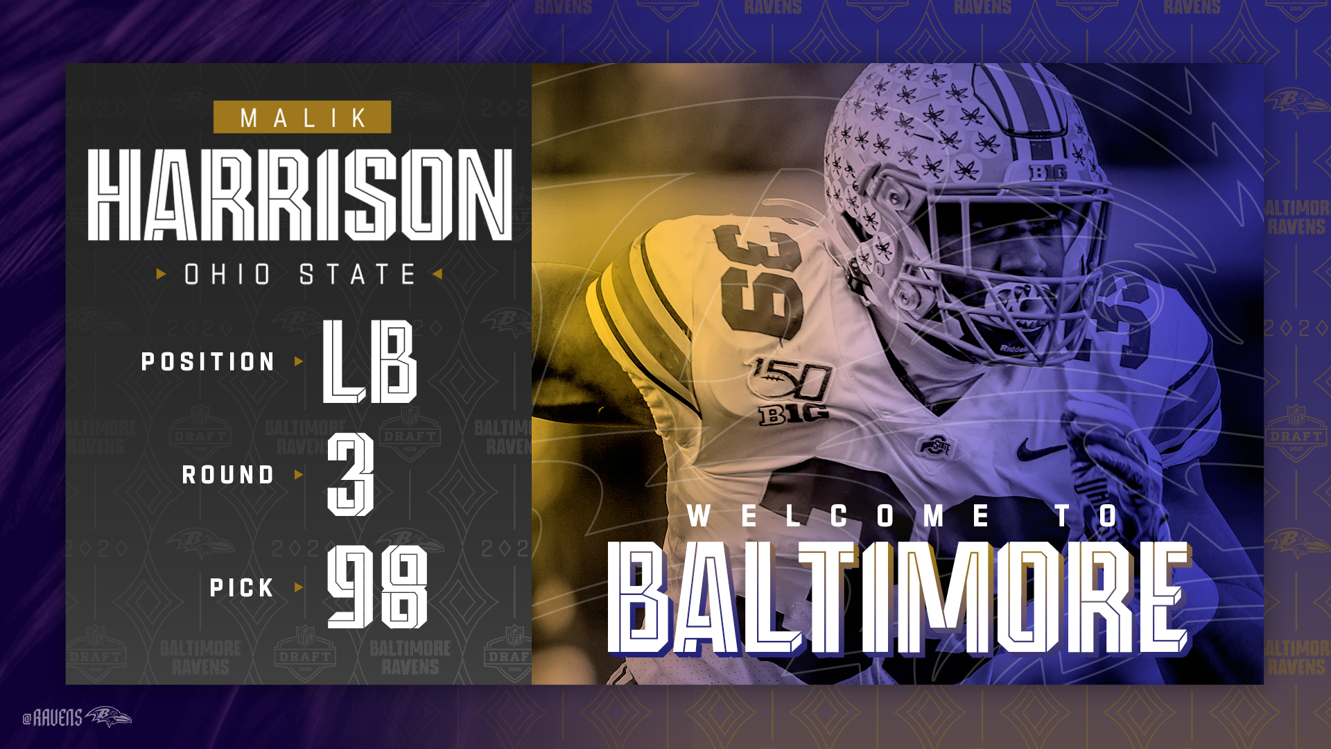 The Ravens select LB Malik Harrison with the 98th overall pick in the 2020 NFL draft
