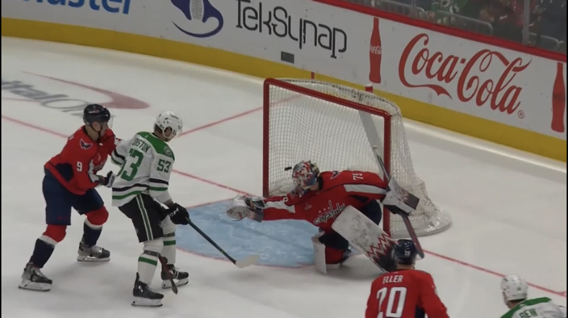 Charlie Lindgren can't stop a deflected shot from Dallas defenseman Colin Miller for the winning goal in NHL action.