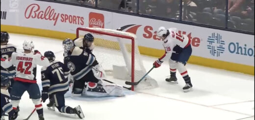 The winning goal is scored after a deflection off Capitals' defenseman Martin Fehervary's helmet against the Columbus Blue Jackets in NHL action.