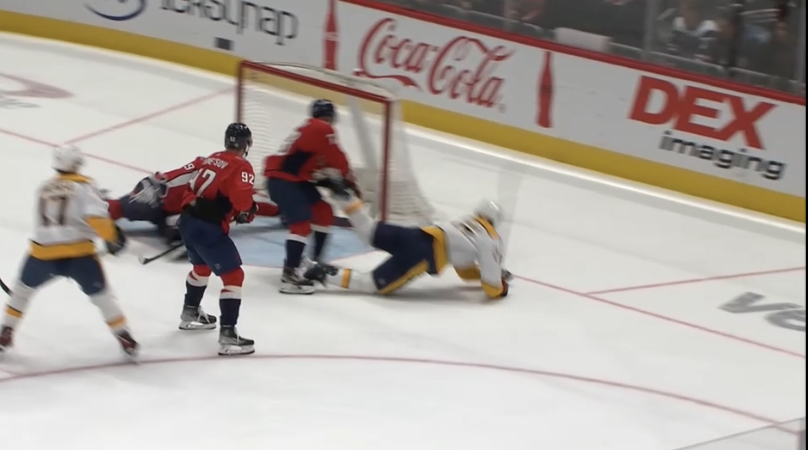 Nashville's Ryan McDonagh scores the winning goal in NHL action against the Washington Capitals