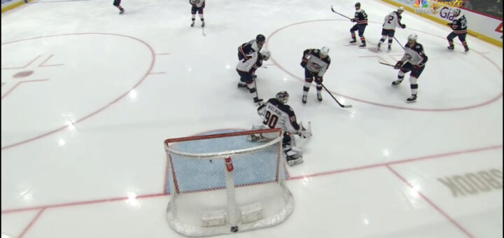 Erik Gustafsson of the Washington Capitals scores the only goal in their game against the Columbus Blue Jackets