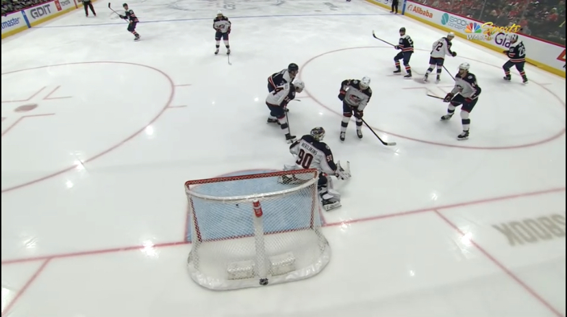 Erik Gustafsson of the Washington Capitals scores the only goal in their game against the Columbus Blue Jackets