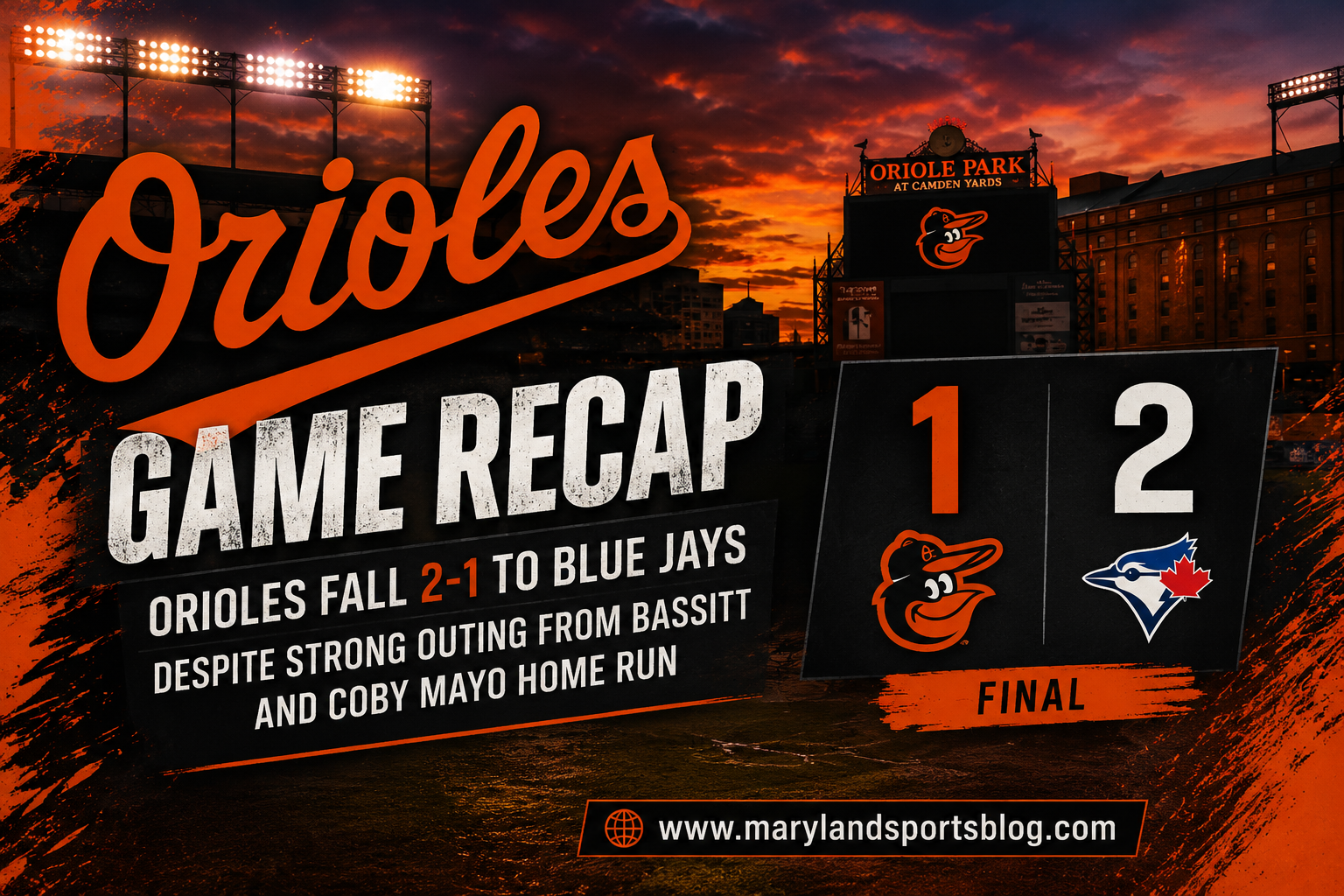 Orioles Waste Bassitt Gem, Fall 2-1 To Blue Jays Despite Coby Mayo Blast