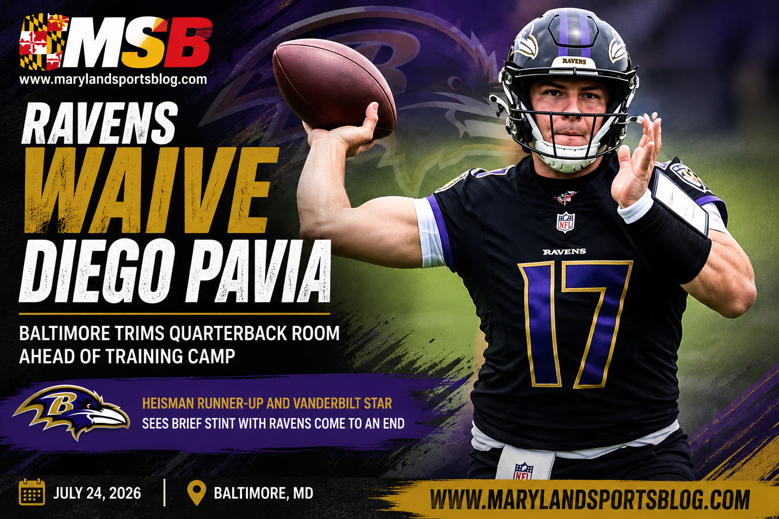 Ravens Waive Quarterback Diego Pavia Ahead of Training Camp