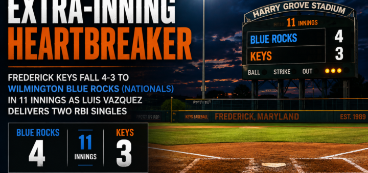 Frederick Keys Fall 4-3 to Wilmington Blue Rocks in 11 Innings as Luis Vazquez Delivers Two RBI Singles featured image