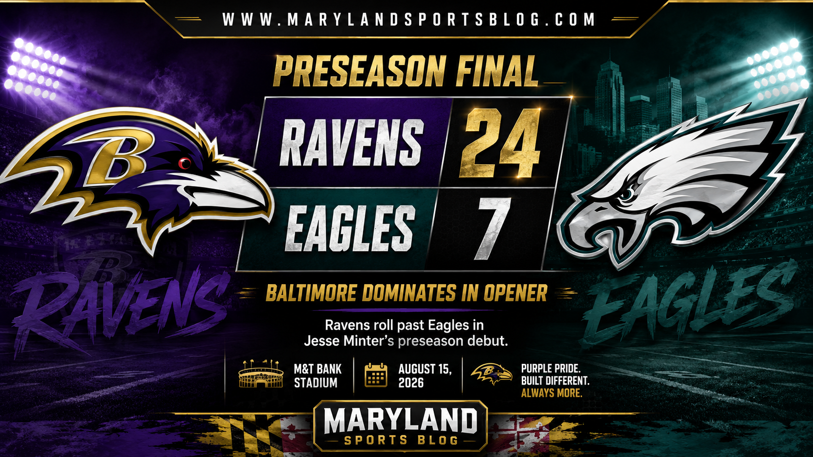 Ravens Dominate Eagles 24-7 in Jesse Minter’s Preseason Debut