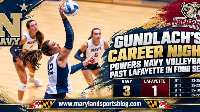 Gundlach’s Career Night Powers Navy Volleyball Past Lafayette in Four Sets