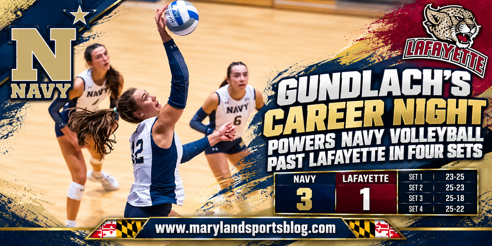 Gundlach’s Career Night Powers Navy Volleyball Past Lafayette in Four Sets