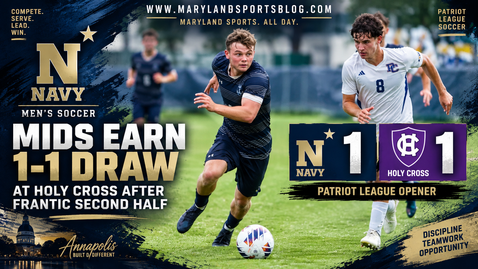 Navy Men’s Soccer Battles Holy Cross to 1-1 Draw in Patriot League Opener