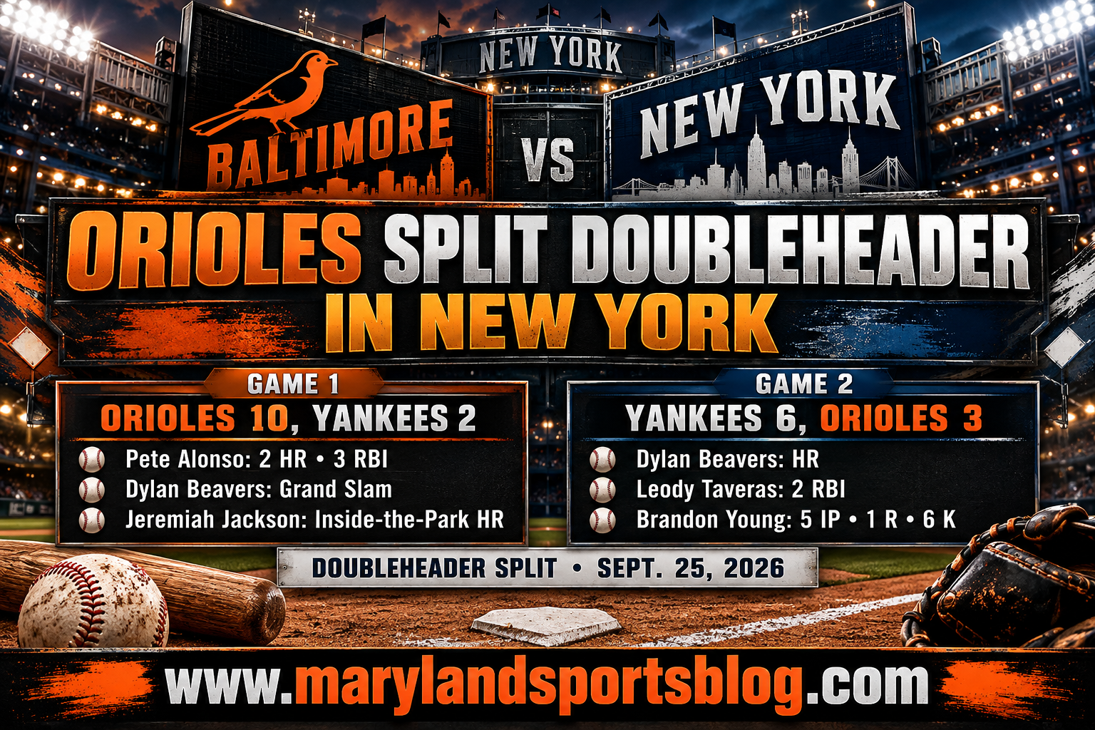 Orioles Split Doubleheader With Yankees as Alonso, Beavers Power Game 1 Rout