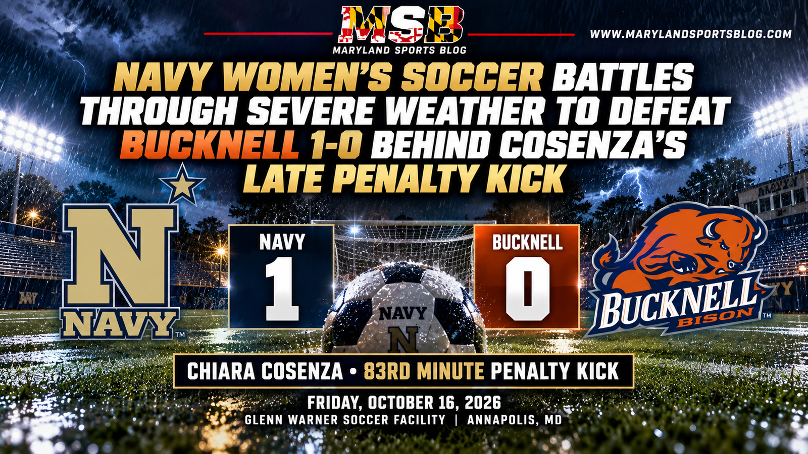 Navy Women’s Soccer Battles Through Severe Weather to Defeat Bucknell 1-0 Behind Cosenza’s Late Penalty Kick