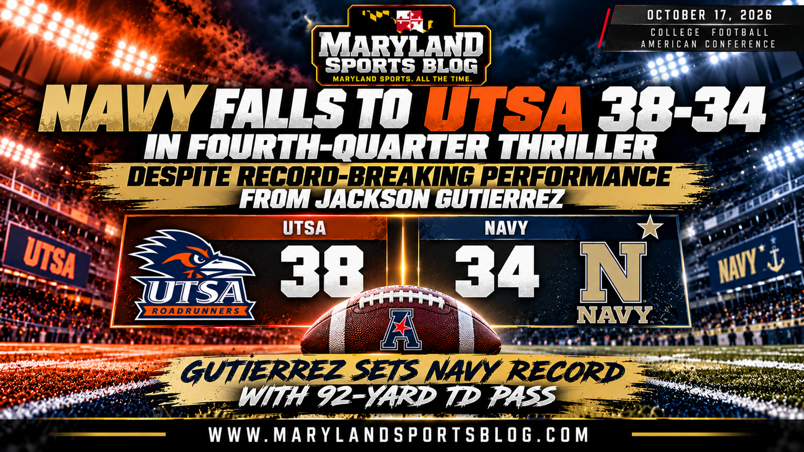 Navy Falls to UTSA 38-34 in Fourth-Quarter Thriller Despite Record-Breaking Performance From Jackson Gutierrez