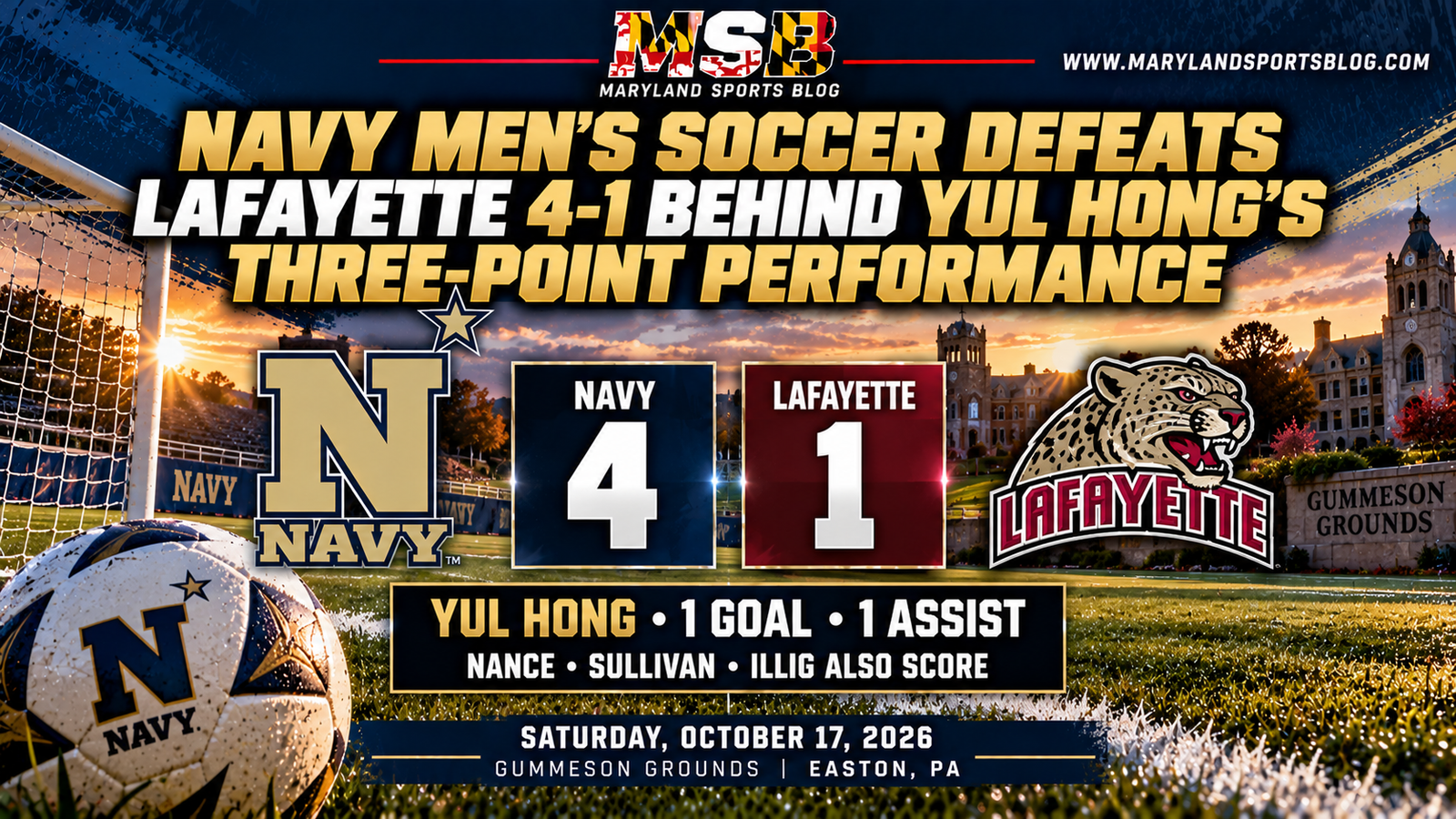 Navy Men’s Soccer Defeats Lafayette 4-1 Behind Yul Hong’s Three-Point Performance