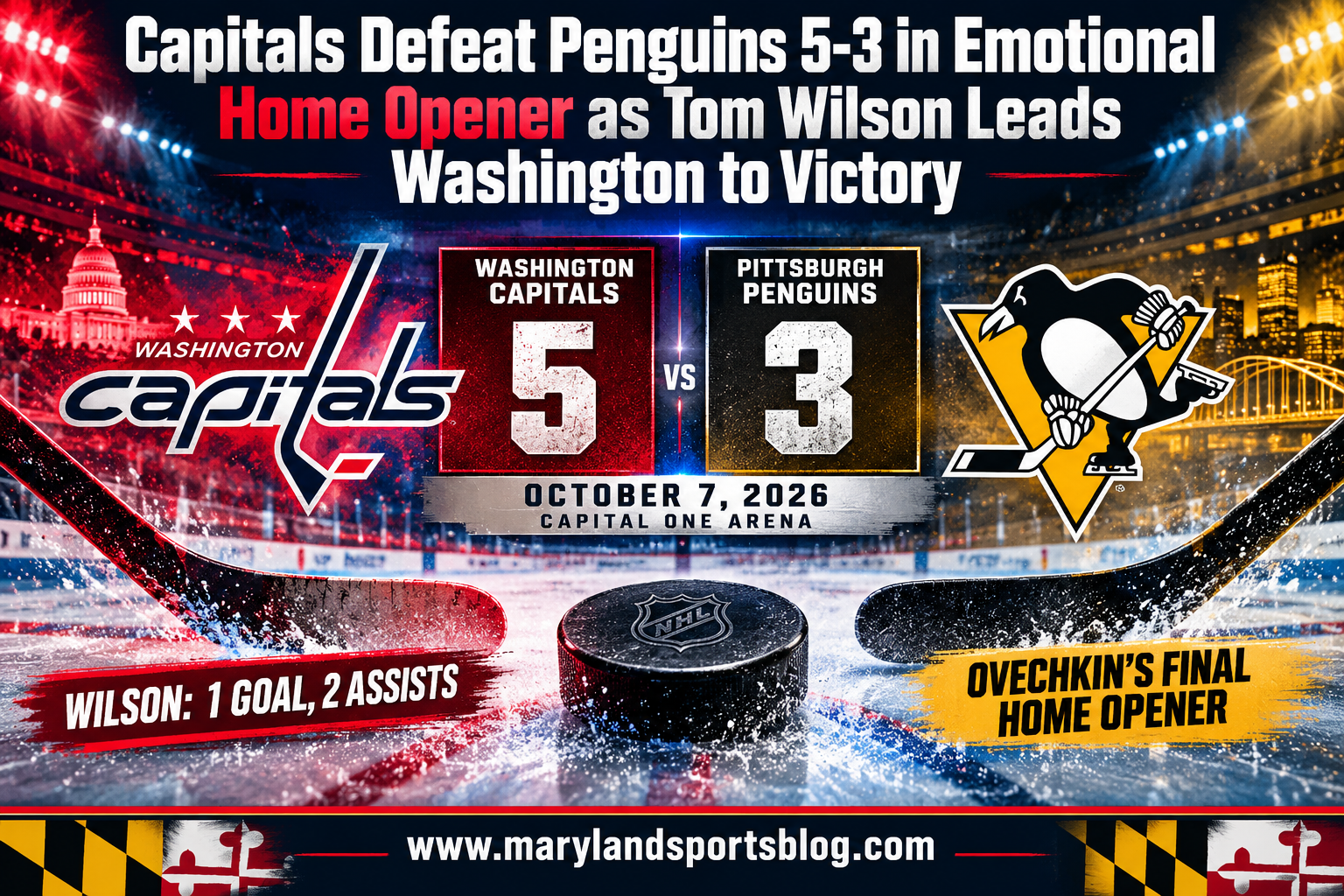 Capitals Defeat Penguins 5-3 in Emotional Home Opener as Tom Wilson Leads Washington to Victory