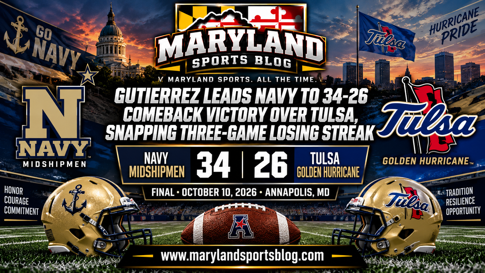Gutierrez Leads Navy to 34-26 Comeback Victory Over Tulsa, Snapping Three-Game Losing Streak