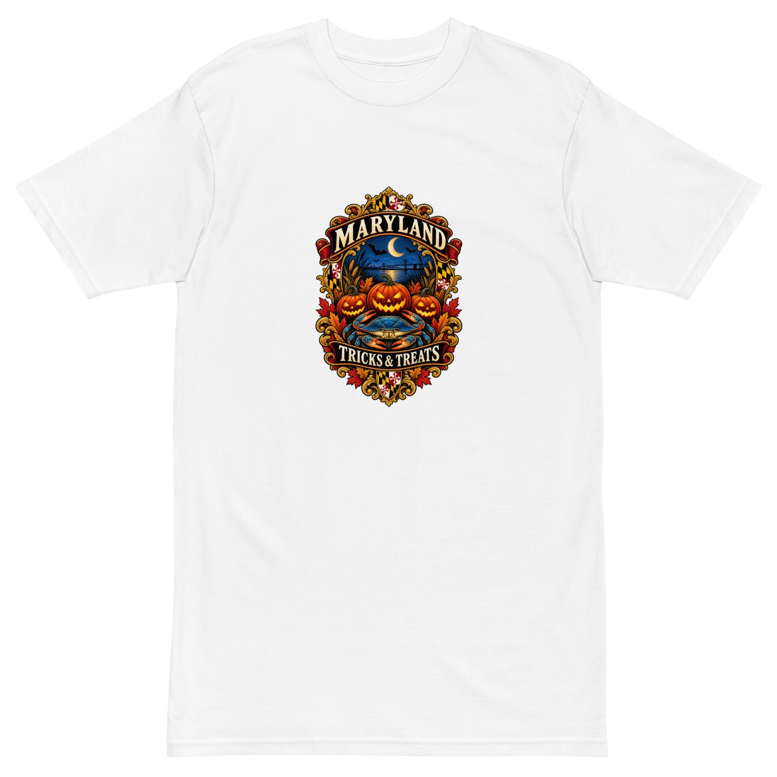 Maryland Halloween Tricks and Treats Pumpkin Crab Premium Heavyweight T-Shirt