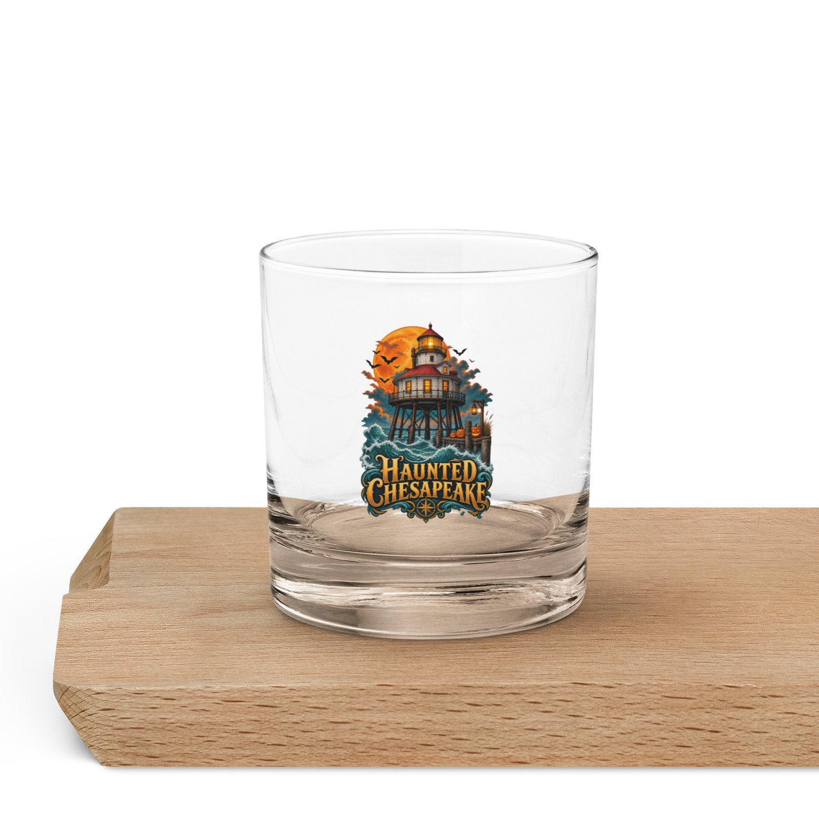 Maryland Halloween Haunted Chesapeake Lighthouse artwork on a 10.5 oz rocks glass, front view