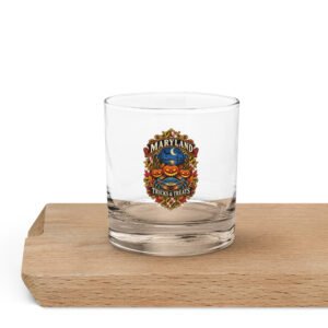 Maryland Halloween Tricks and Treats pumpkin crab artwork on a 10.5 oz rocks glass, front view