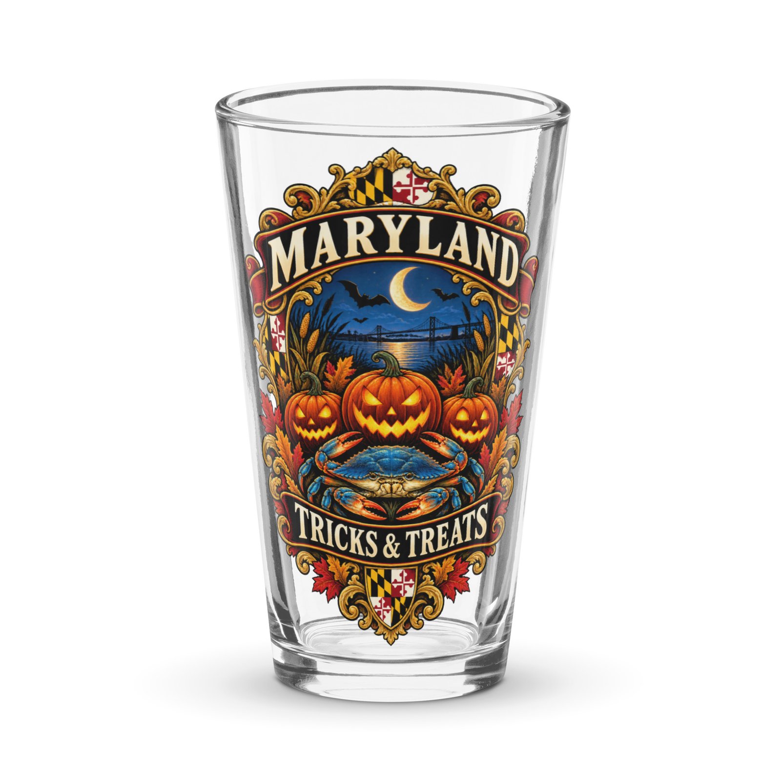 Maryland Halloween Tricks and Treats Pumpkin Crab Shaker Pint Glass 16 oz