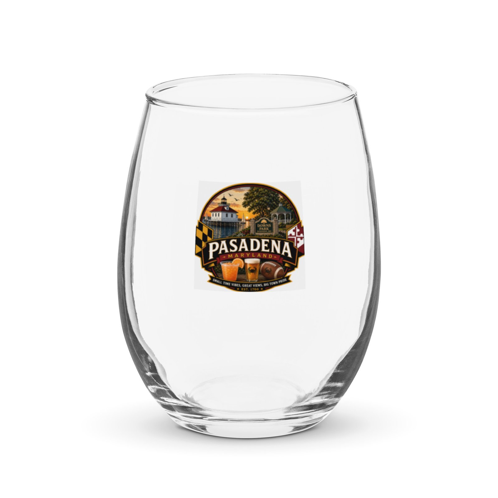 New in the MSB Team Store: Pasadena Maryland Hometown Badge Stemless Wine Glass 15 oz
