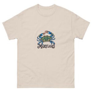 Natural cotton T-shirt showing the original Maryland blue crab graphic on the front