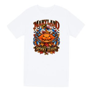 Maryland Halloween Spooky Season Crab T-Shirt with pumpkin blue crab front artwork