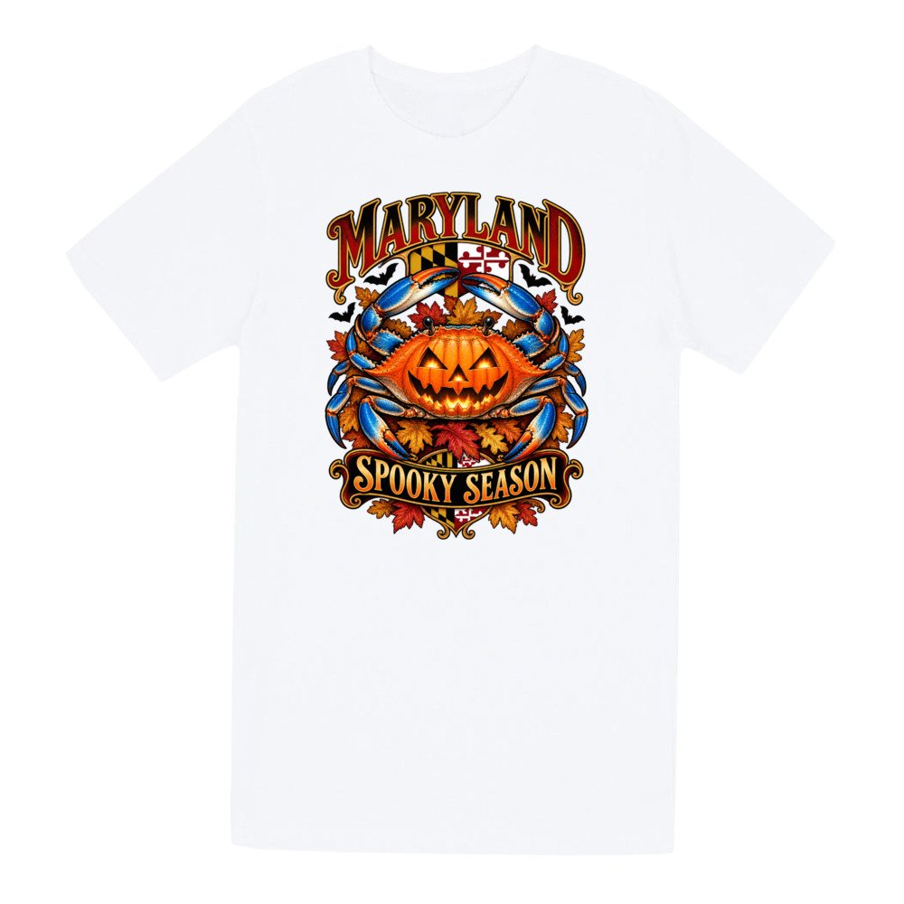 Maryland Halloween Spooky Season Crab T-Shirt with pumpkin blue crab front artwork