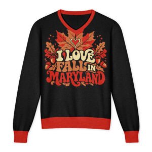 I Love Fall in Maryland Leaf Heart V-Neck Sweater