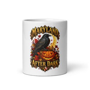 Maryland Halloween After Dark Raven Mug with original raven and pumpkin artwork