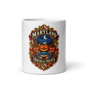 Maryland Halloween Tricks and Treats Pumpkin Crab Mug with original autumn crab artwork
