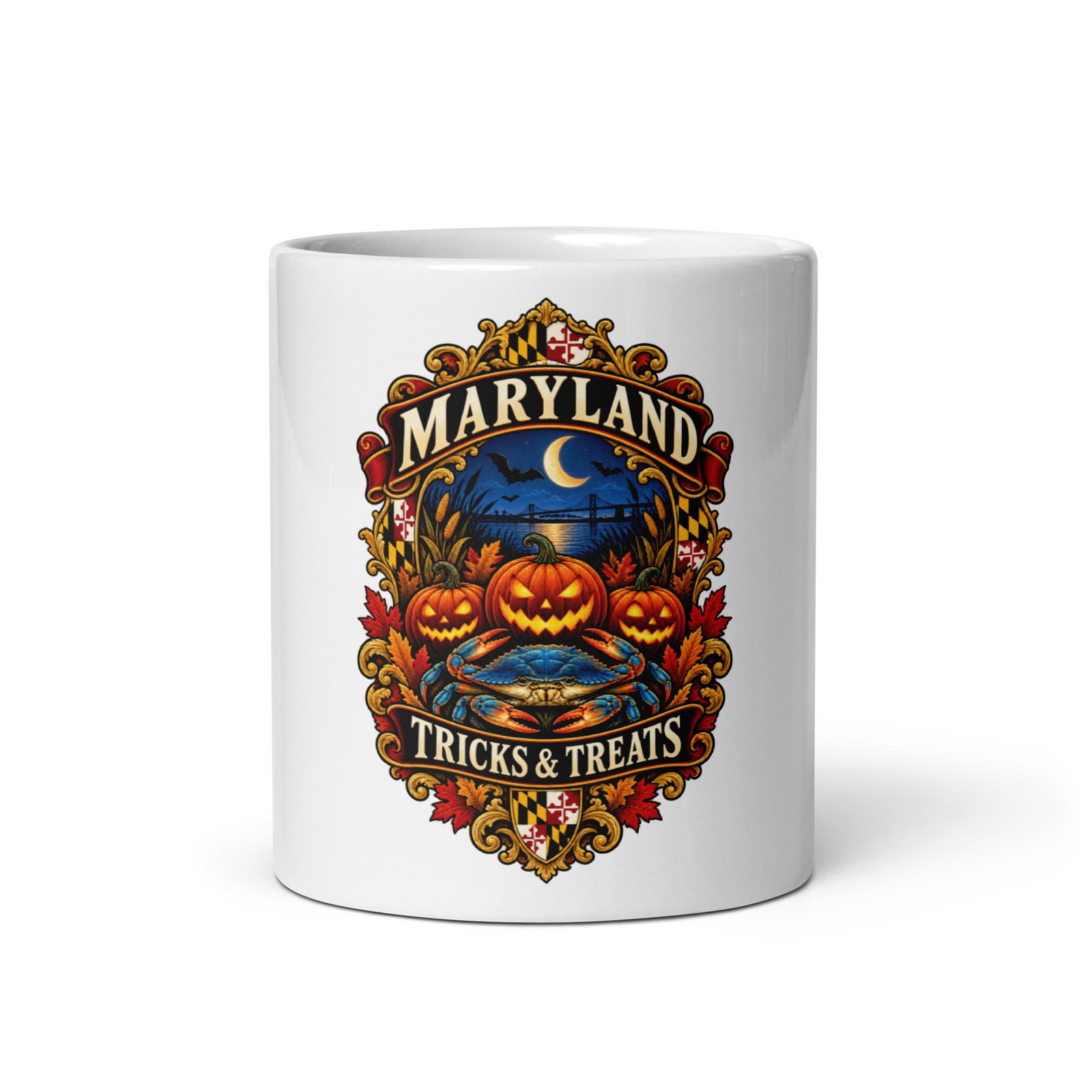 Maryland Halloween Tricks and Treats Pumpkin Crab Mug with original autumn crab artwork