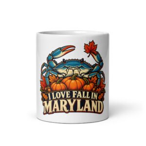 I Love Fall in Maryland coffee mug with blue crab, pumpkins and autumn leaves