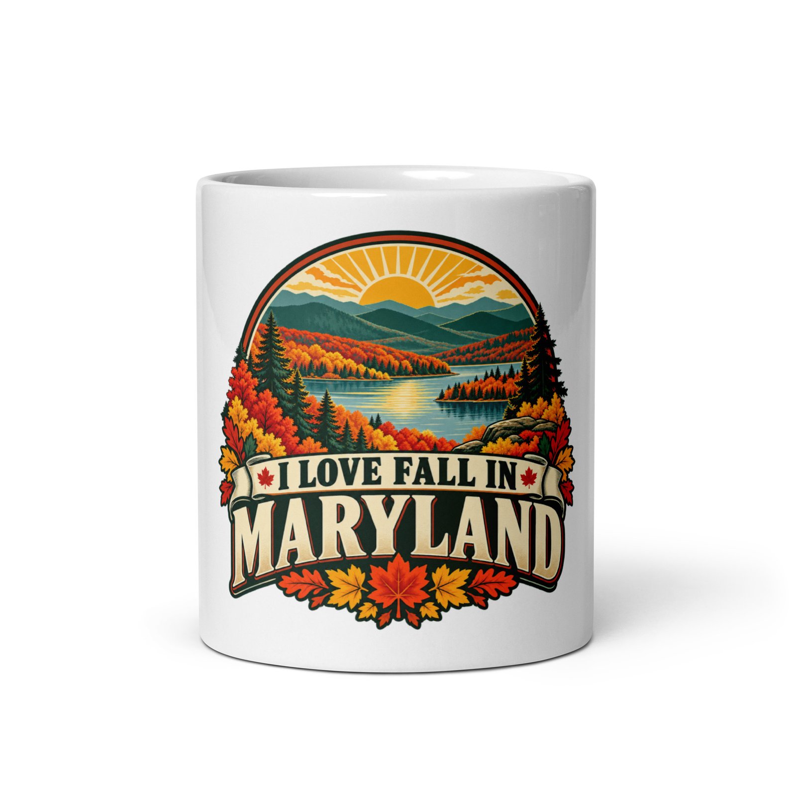I Love Fall in Maryland mug with mountain lake and red and gold autumn foliage
