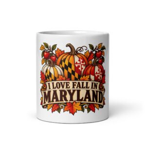 I Love Fall in Maryland coffee mug with harvest pumpkins and autumn leaves