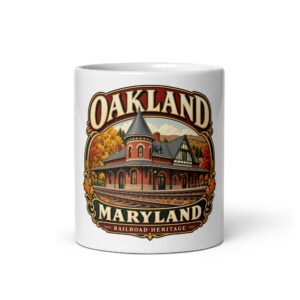 White ceramic coffee mug showing the full Oakland Maryland Railroad Heritage depot illustration