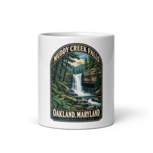 Oakland Maryland Muddy Creek Falls mug, front view showing the complete waterfall and forest artwork