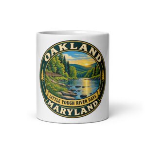 Oakland Maryland Little Yough River Days mug, front view showing the complete riverside artwork