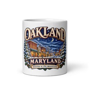 Oakland Maryland Winter in the Mountains mug, front view showing the complete snowy mountain-town artwork